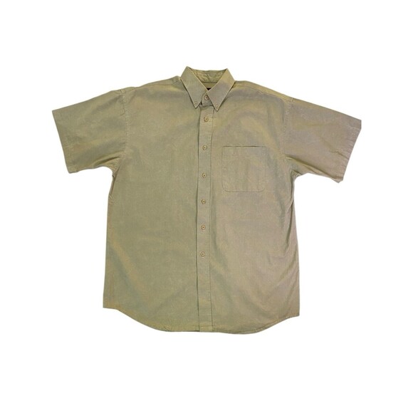 HAGGAR CASUALS Mens Medium Button Down Shirt Short Sleeve Khaki Front Pocket - Picture 2 of 9